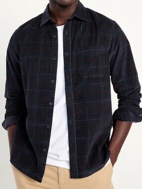 Old Navy Men's Black and Navy Plaid Corduroy Shirt